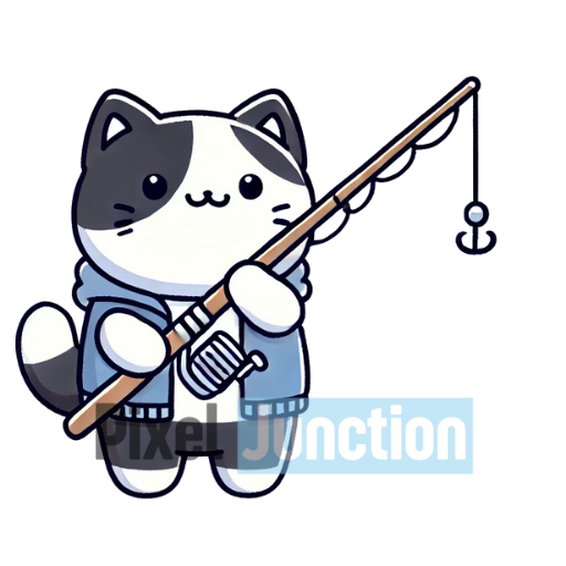 Black and White Cat Holding Fishing Rod Clipart