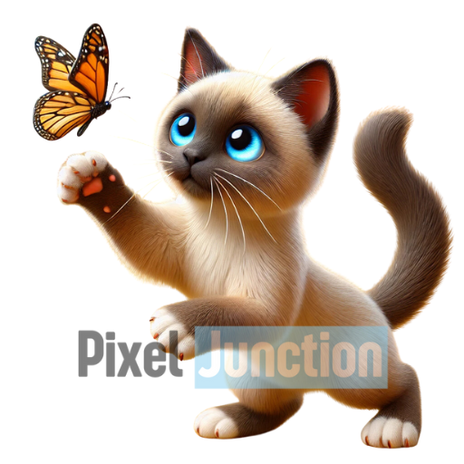 Blue-Eyed Kitten Reaching for Butterfly Clipart