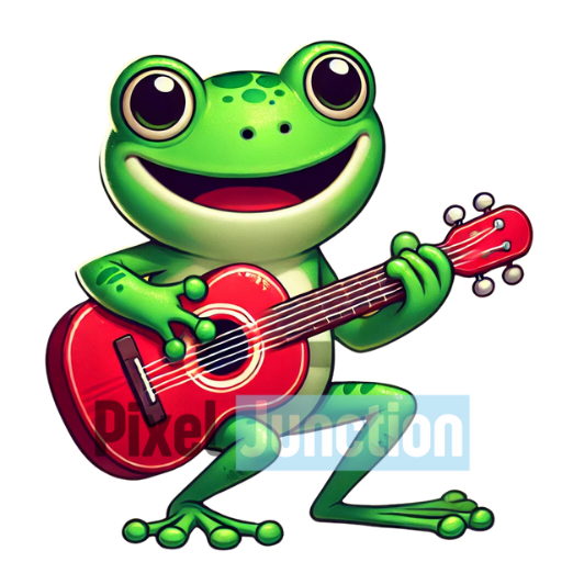 Smiling Frog Playing a Red Guitar Clipart