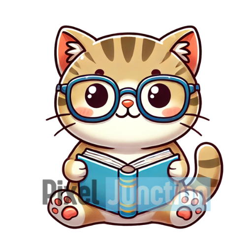 Tabby Cat With Glasses Reading a Book Clipart